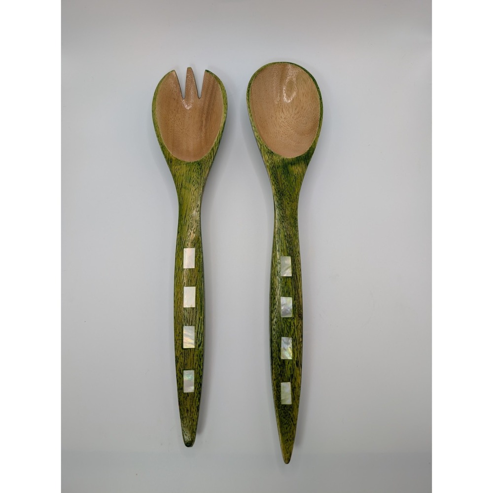 Philippines Wood Salad Servers Mother of Pearl Inlay Green 13.5" Spoon Fork
